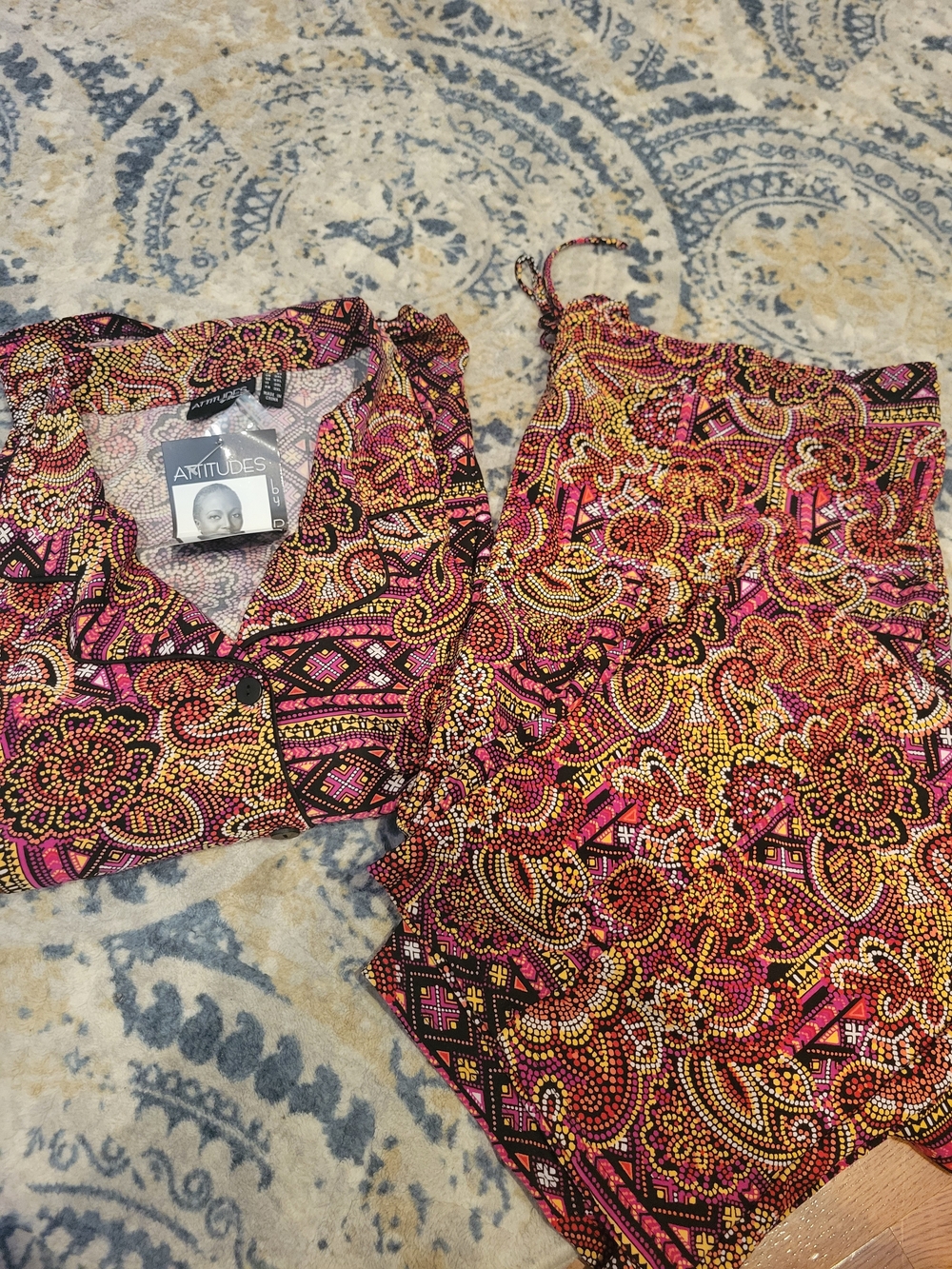 Attitudes by Renee Multicolor Mosaic Print Lounge Set - Pink, Yellow,Orange 2X
